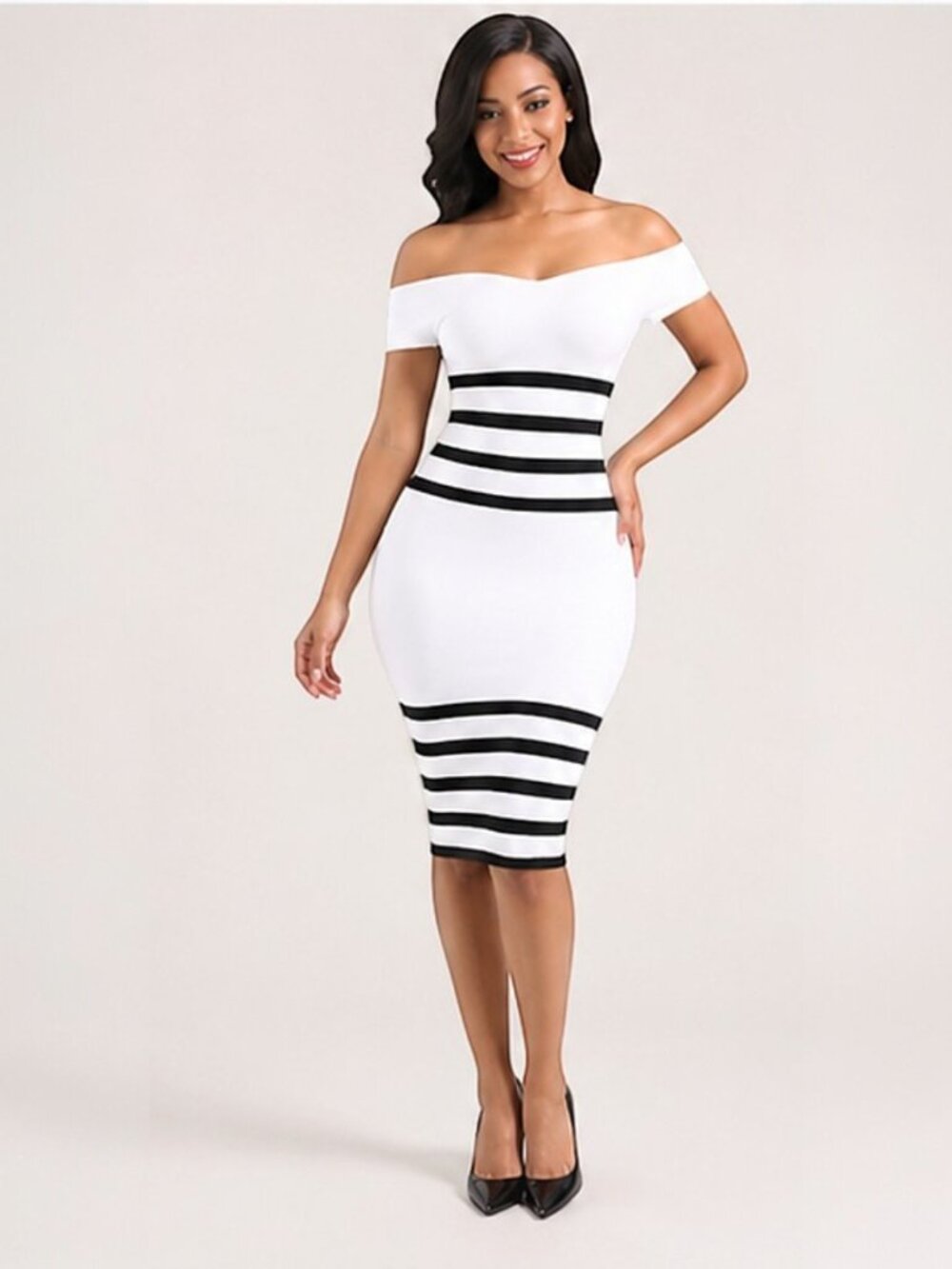 Striped Color-block Bandage Dress Sculpted Fit • Portrait Neck • Boutique Style - Picture 5 of 7